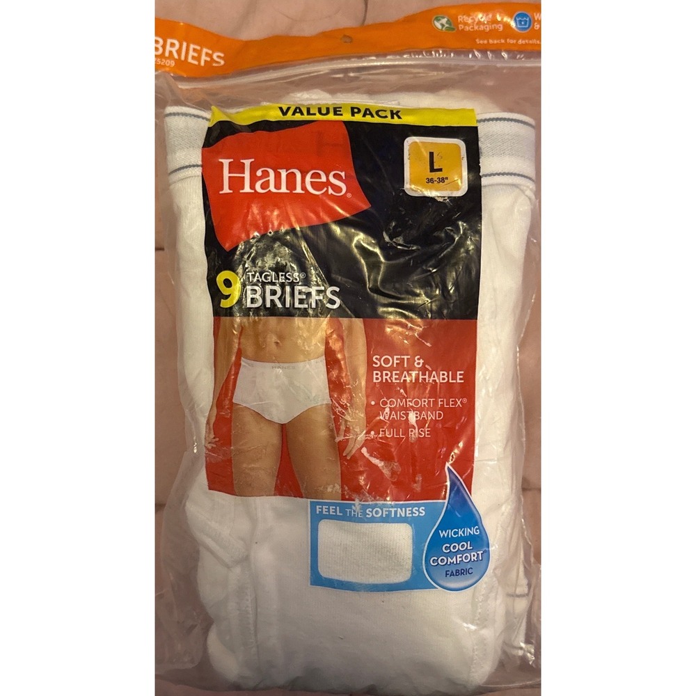 NEW Hanes Men White Tagless Briefs 9 Pack Size L 36-38 Comfort Flex